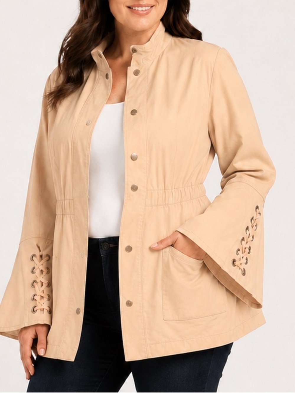 Colleen Lopez Lace-Up Detail Anorak Jacket Khaki Tan Utility Women’s L